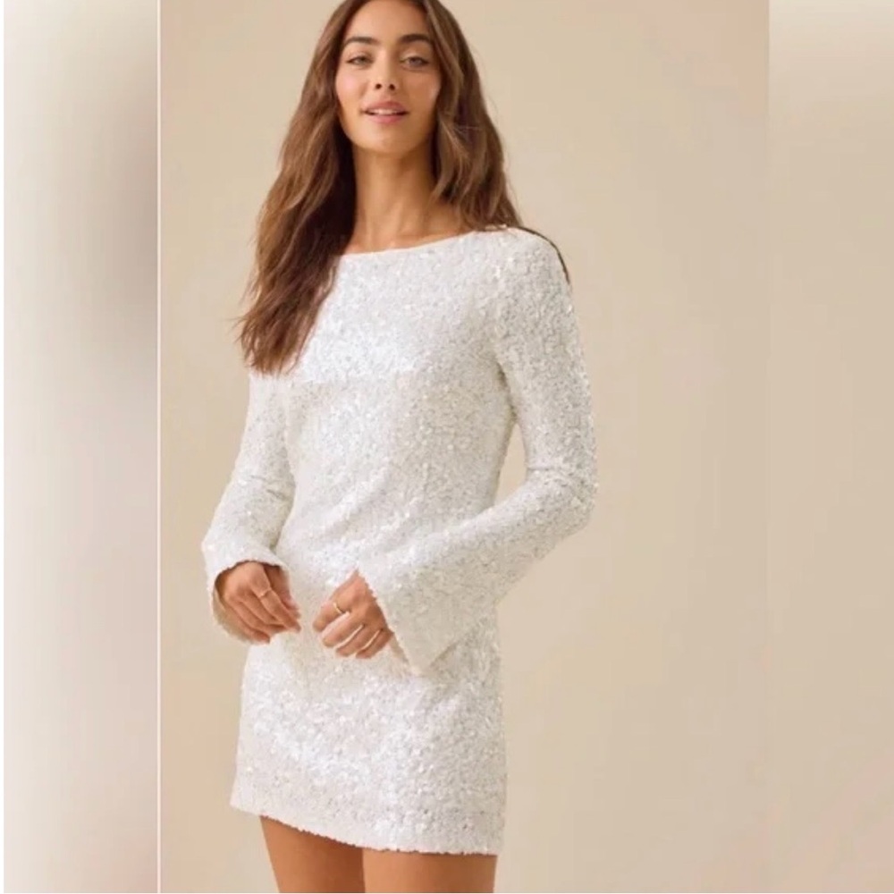 Altar'd Delaney Cream Sequin Long Sleeve Mini Dress NWT Size L